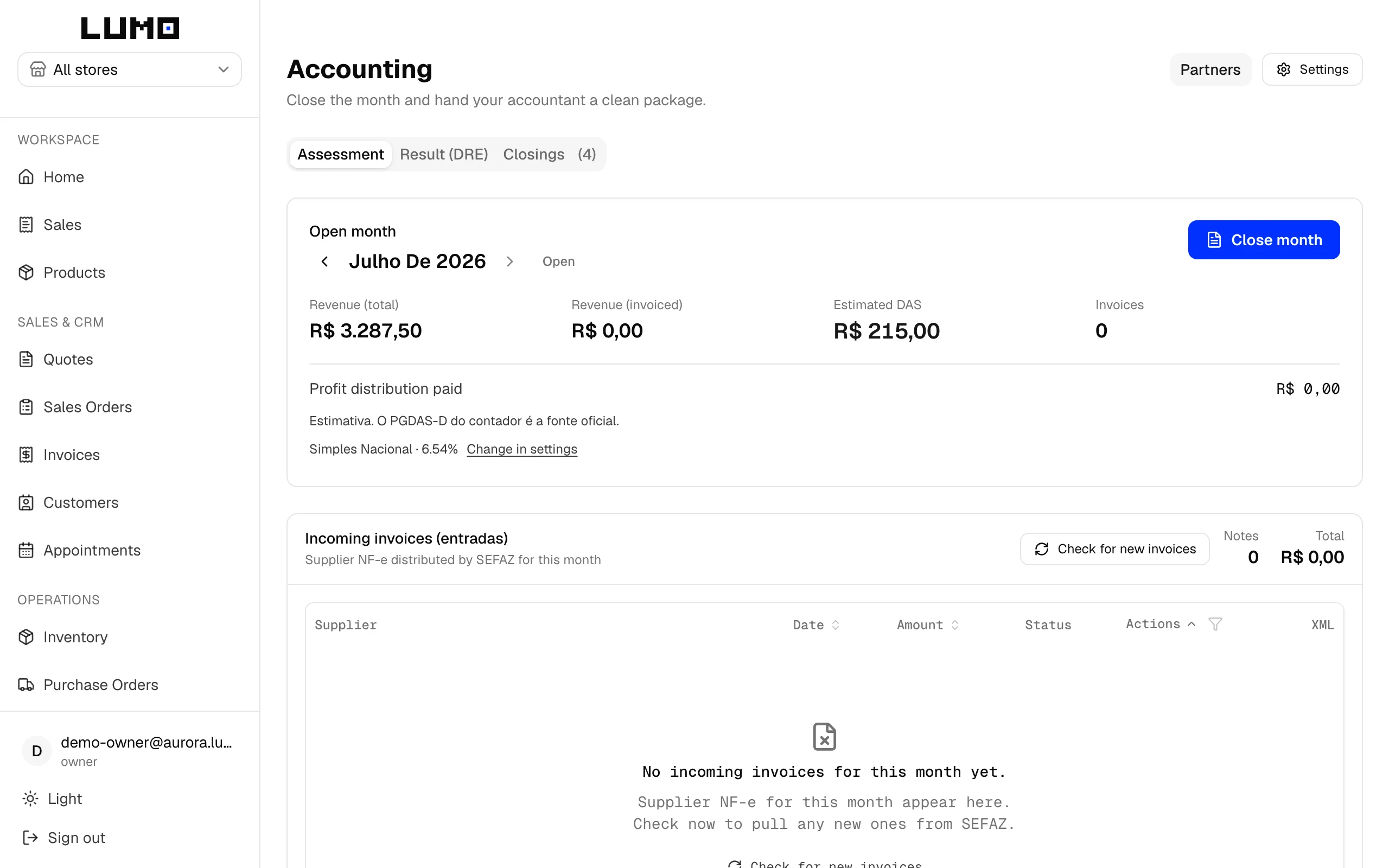 Contabilidade do Lumo — resultado do mês